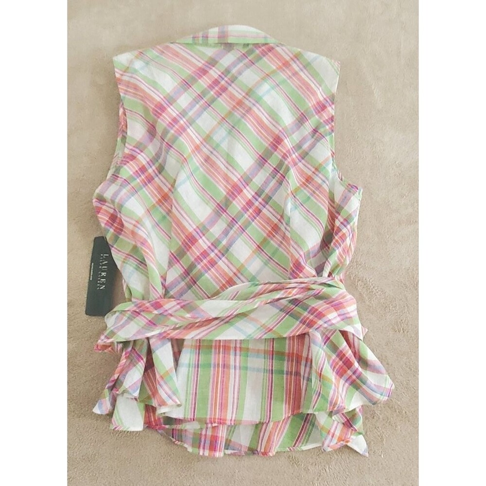 Lauren Ralph Lauren Pink Green Plaid Wrap Blouse - Size L - Picture 6 of 9